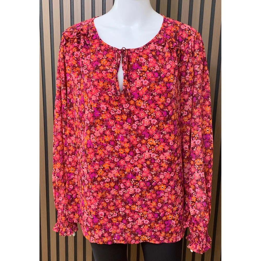 J.Crew Pink Orange Floral Keyhole Tie Neck Blouse Smocked Cuff 3X Classic